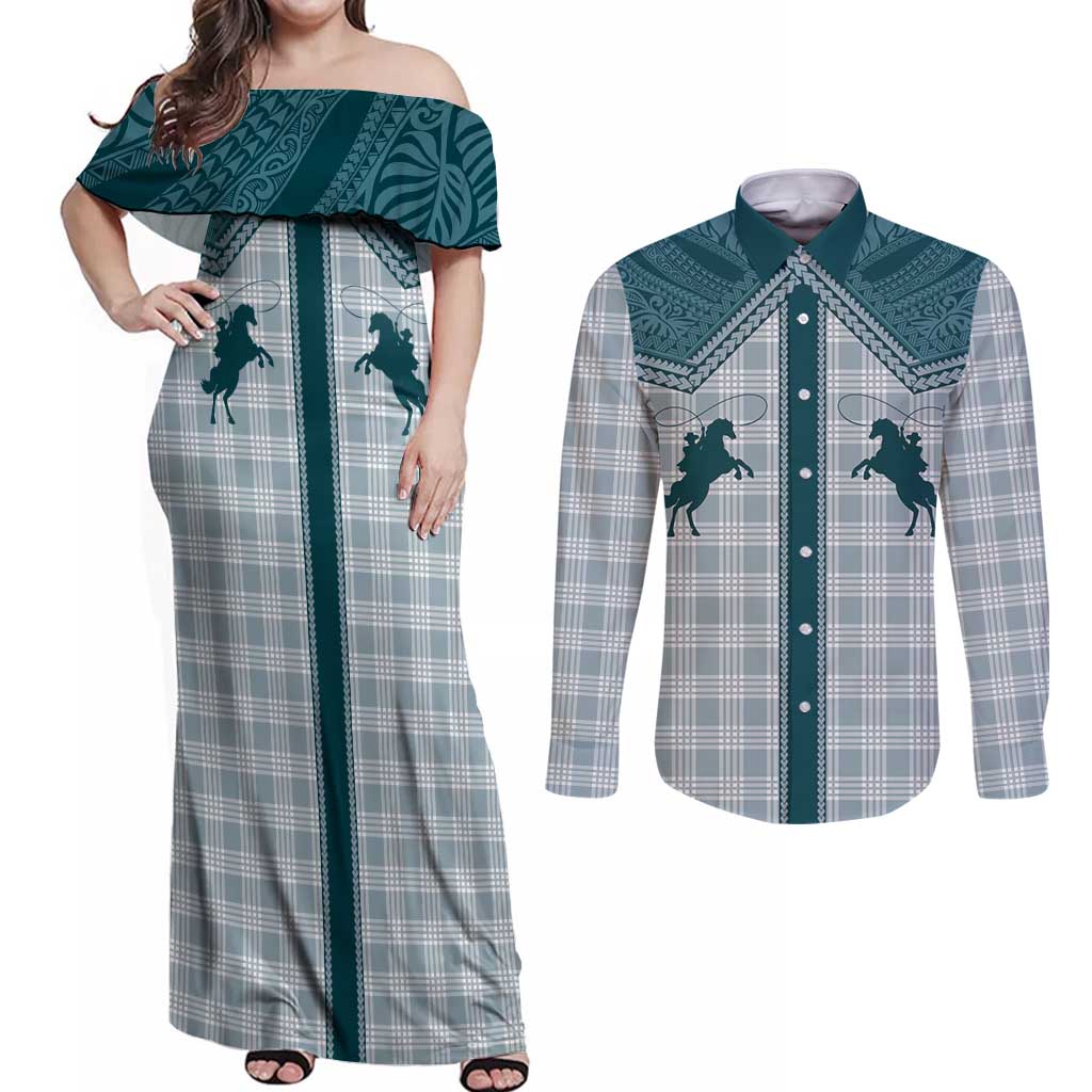 Aloha Hawaii Cowboys Paniolo Couples Matching Off Shoulder Maxi Dress and Long Sleeve Button Shirt Teal Palaka - Polynesian Pride