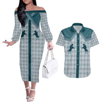 Aloha Hawaii Cowboys Paniolo Couples Matching Off The Shoulder Long Sleeve Dress and Hawaiian Shirt Teal Palaka LT7 Teal - Polynesian Pride