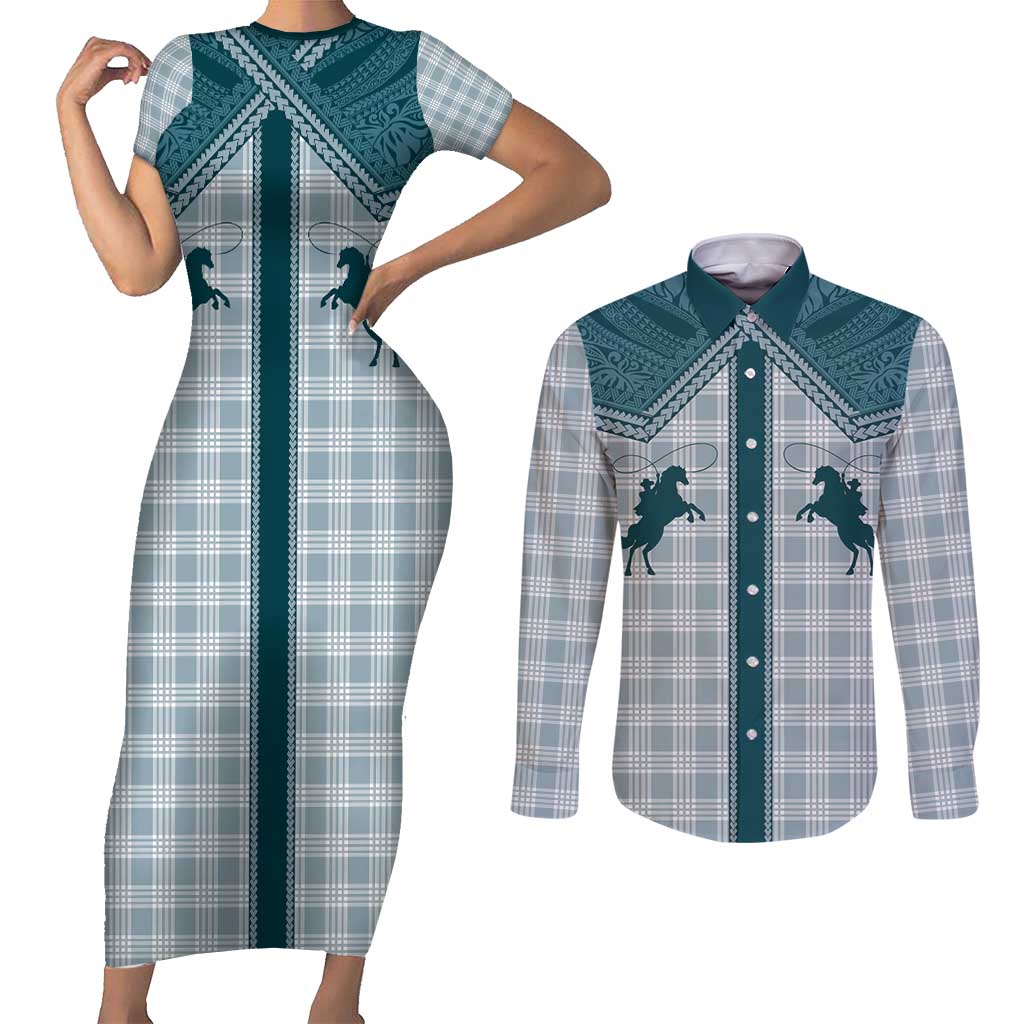 Aloha Hawaii Cowboys Paniolo Couples Matching Short Sleeve Bodycon Dress and Long Sleeve Button Shirt Teal Palaka - Polynesian Pride