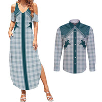 Aloha Hawaii Cowboys Paniolo Couples Matching Summer Maxi Dress and Long Sleeve Button Shirt Teal Palaka - Polynesian Pride