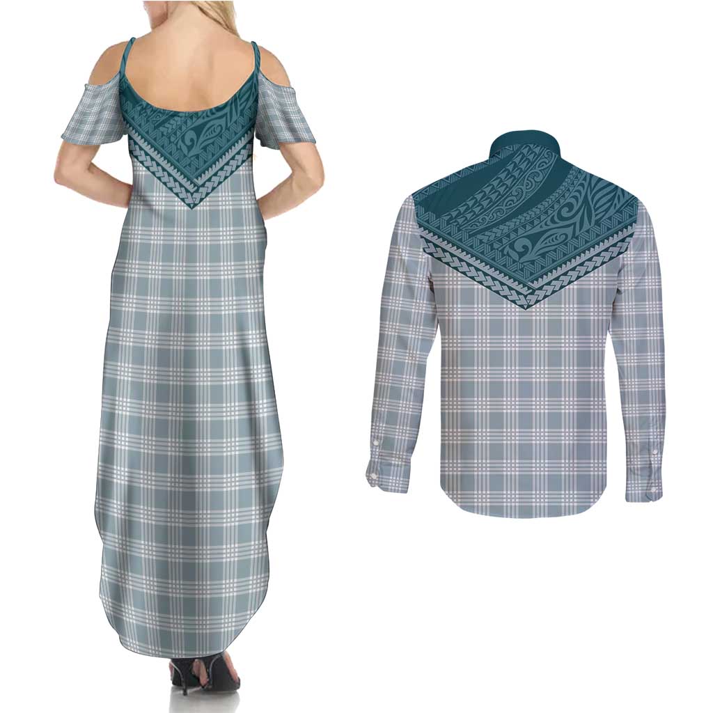 Aloha Hawaii Cowboys Paniolo Couples Matching Summer Maxi Dress and Long Sleeve Button Shirt Teal Palaka - Polynesian Pride