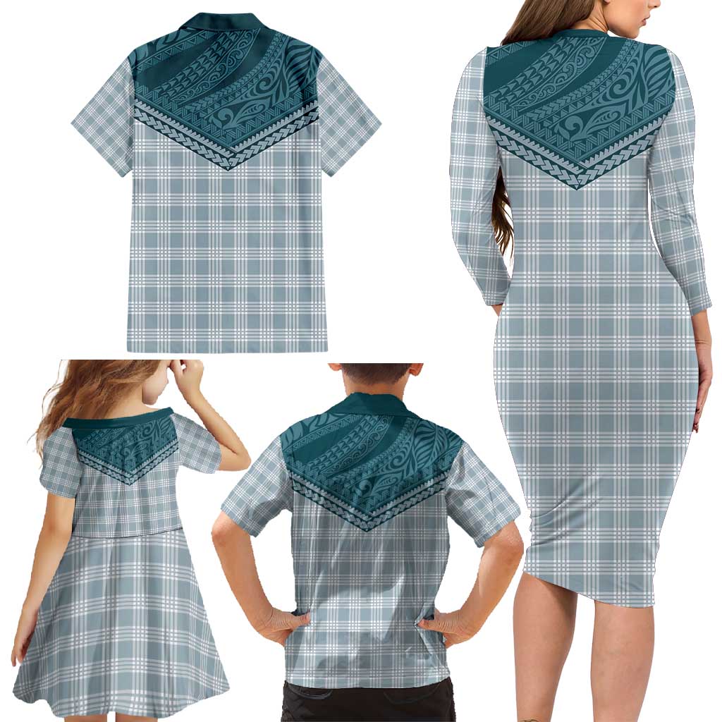 Aloha Hawaii Cowboys Paniolo Family Matching Long Sleeve Bodycon Dress and Hawaiian Shirt Teal Palaka LT7 - Polynesian Pride