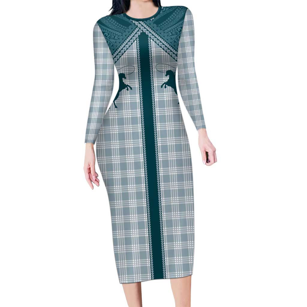 Aloha Hawaii Cowboys Paniolo Family Matching Long Sleeve Bodycon Dress and Hawaiian Shirt Teal Palaka LT7 Mom's Dress Teal - Polynesian Pride