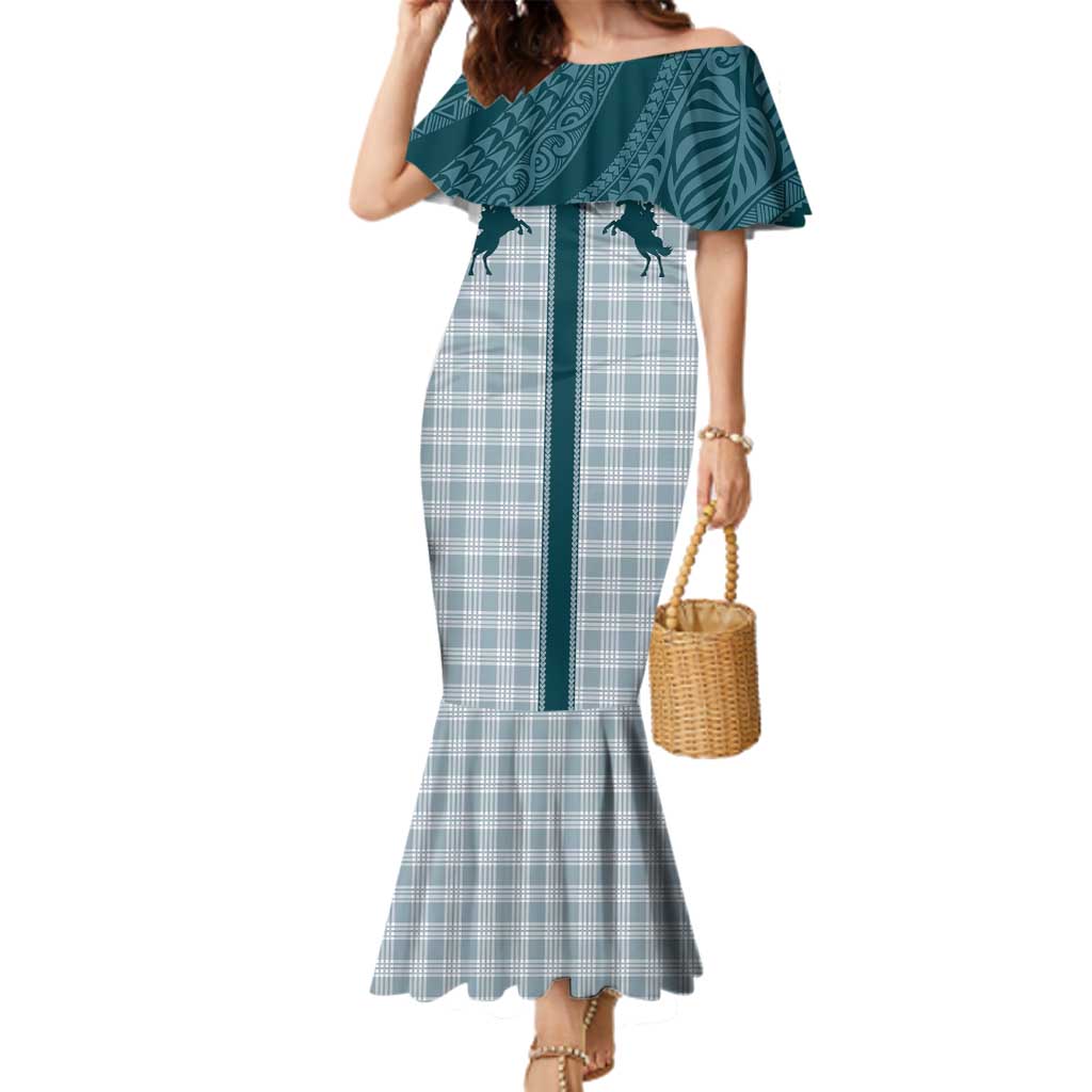 Aloha Hawaii Cowboys Paniolo Family Matching Mermaid Dress and Hawaiian Shirt Teal Palaka LT7 Mom's Dress Teal - Polynesian Pride