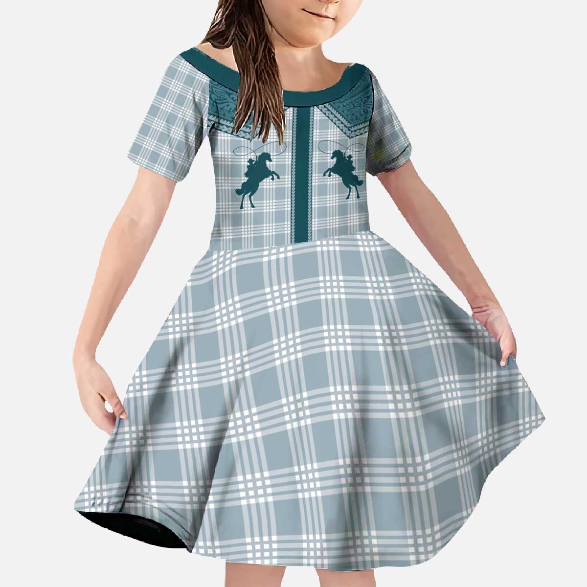 Aloha Hawaii Cowboys Paniolo Family Matching Off The Shoulder Long Sleeve Dress and Hawaiian Shirt Teal Palaka LT7 Daughter's Dress Teal - Polynesian Pride
