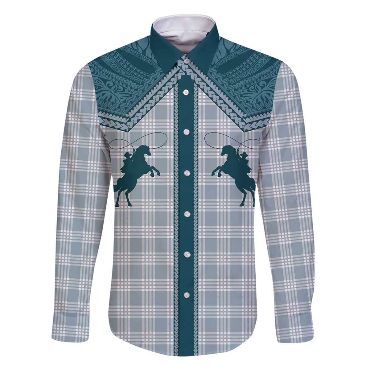 Aloha Hawaii Cowboys Paniolo Family Matching Off The Shoulder Long Sleeve Dress and Hawaiian Shirt Teal Palaka LT7 Dad's Shirt - Long Sleeve Teal - Polynesian Pride