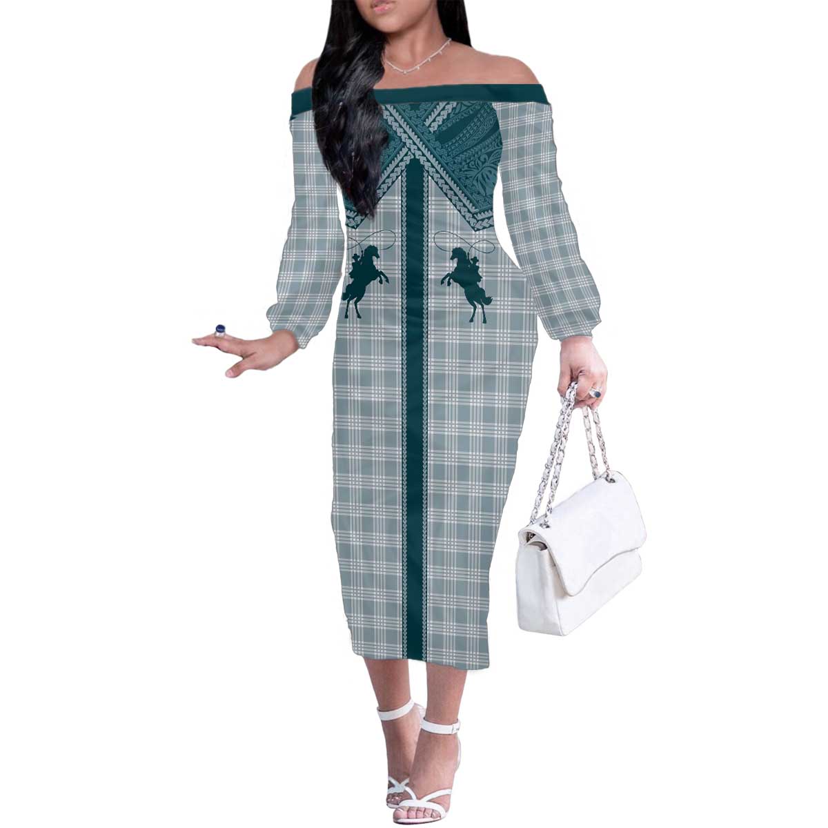 Aloha Hawaii Cowboys Paniolo Family Matching Off The Shoulder Long Sleeve Dress and Hawaiian Shirt Teal Palaka LT7 Mom's Dress Teal - Polynesian Pride
