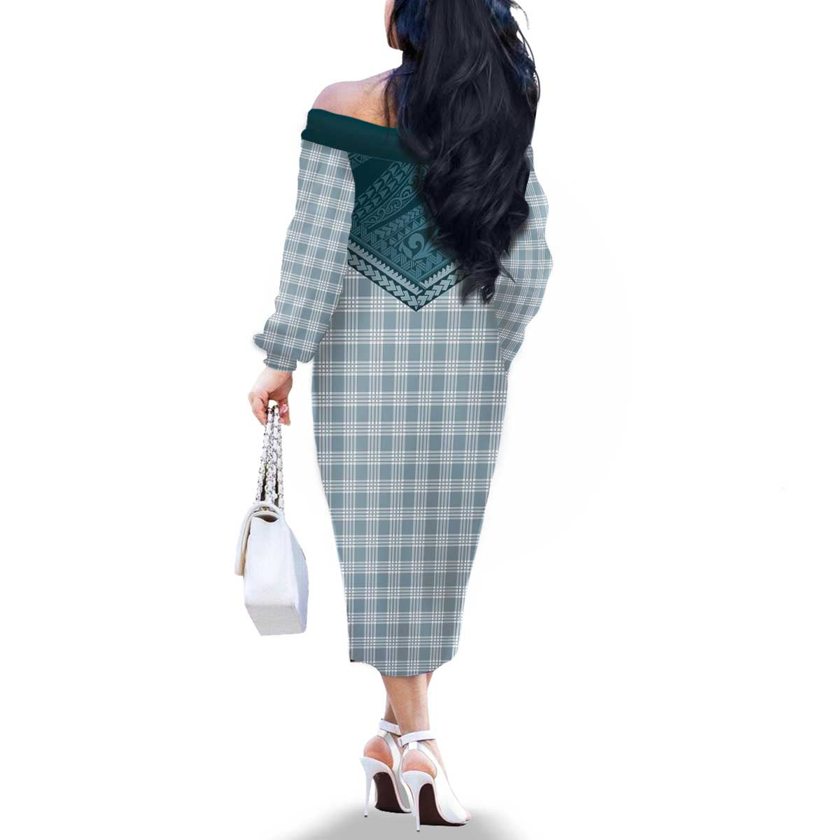 Aloha Hawaii Cowboys Paniolo Family Matching Off The Shoulder Long Sleeve Dress and Hawaiian Shirt Teal Palaka LT7 - Polynesian Pride