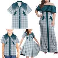 Aloha Hawaii Cowboys Paniolo Family Matching Off Shoulder Maxi Dress and Hawaiian Shirt Teal Palaka LT7 - Polynesian Pride