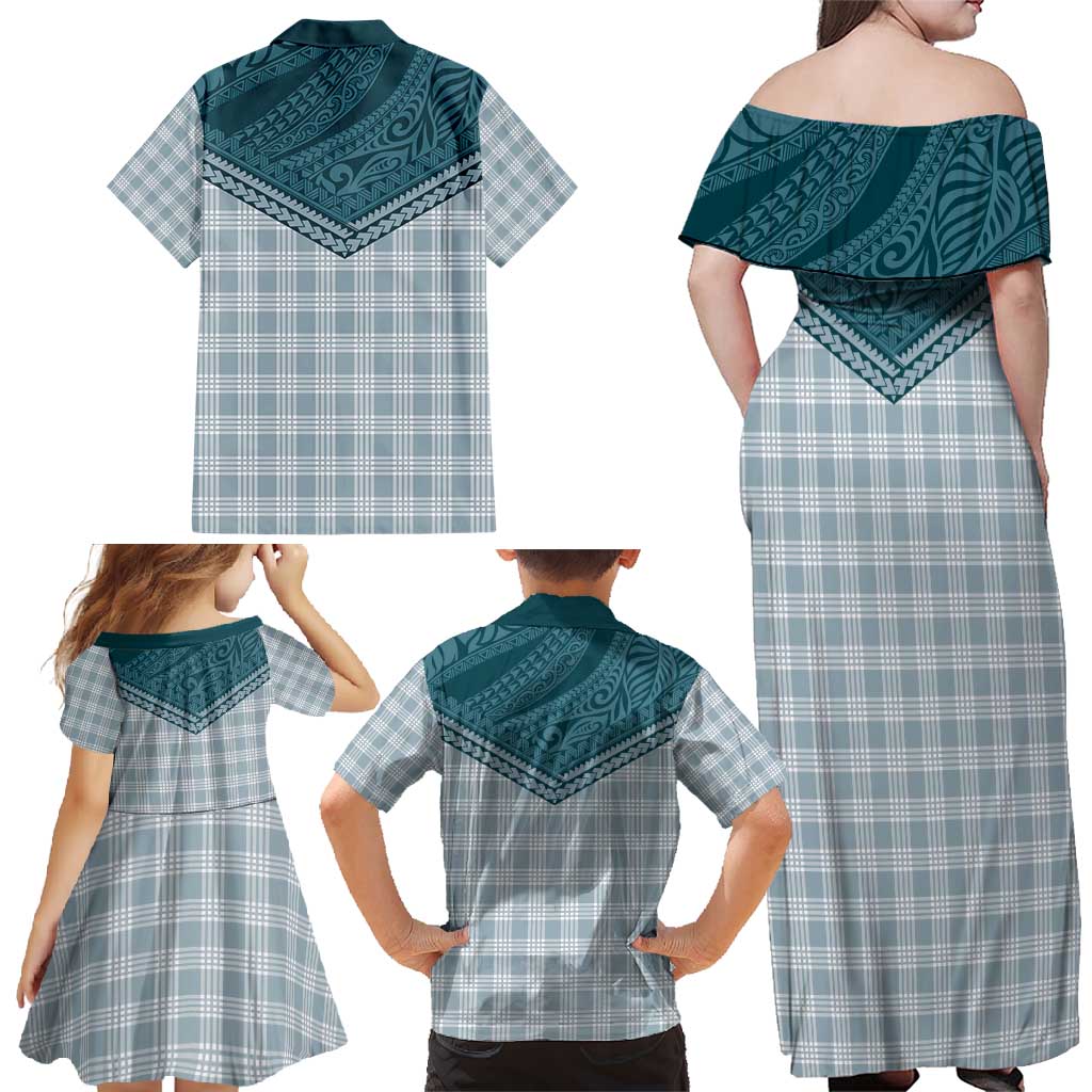 Aloha Hawaii Cowboys Paniolo Family Matching Off Shoulder Maxi Dress and Hawaiian Shirt Teal Palaka LT7 - Polynesian Pride