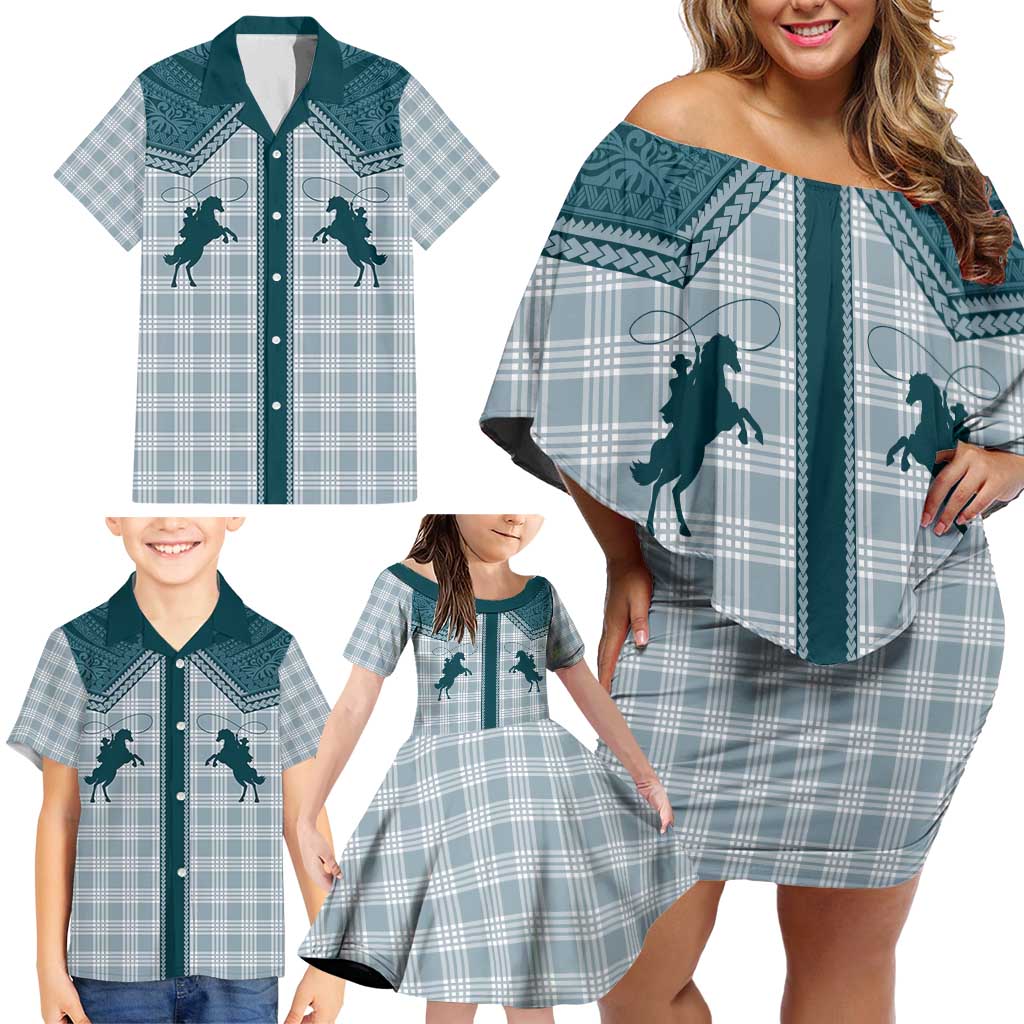 Aloha Hawaii Cowboys Paniolo Family Matching Off Shoulder Short Dress and Hawaiian Shirt Teal Palaka LT7 - Polynesian Pride