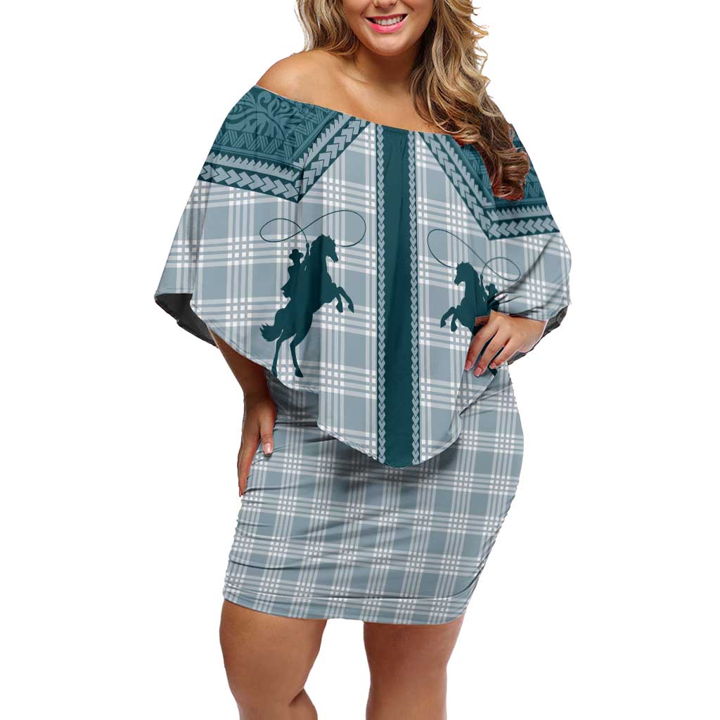 Aloha Hawaii Cowboys Paniolo Family Matching Off Shoulder Short Dress and Hawaiian Shirt Teal Palaka LT7 Mom's Dress Teal - Polynesian Pride