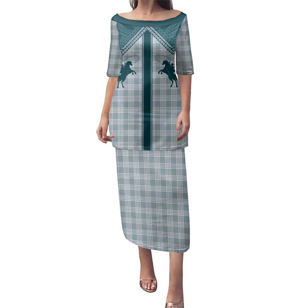 Aloha Hawaii Cowboys Paniolo Family Matching Puletasi and Hawaiian Shirt Teal Palaka LT7 Mom's Dress Teal - Polynesian Pride