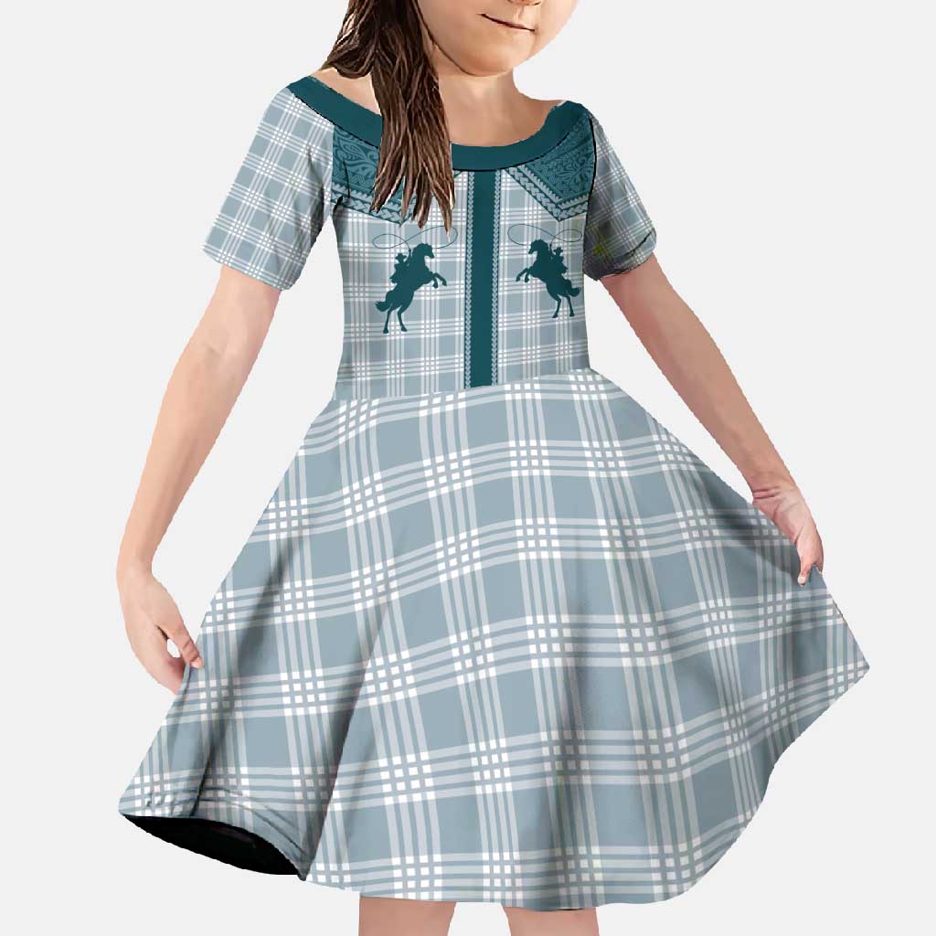 Aloha Hawaii Cowboys Paniolo Family Matching Short Sleeve Bodycon Dress and Hawaiian Shirt Teal Palaka LT7 Daughter's Dress Teal - Polynesian Pride