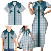 Aloha Hawaii Cowboys Paniolo Family Matching Short Sleeve Bodycon Dress and Hawaiian Shirt Teal Palaka LT7 - Polynesian Pride