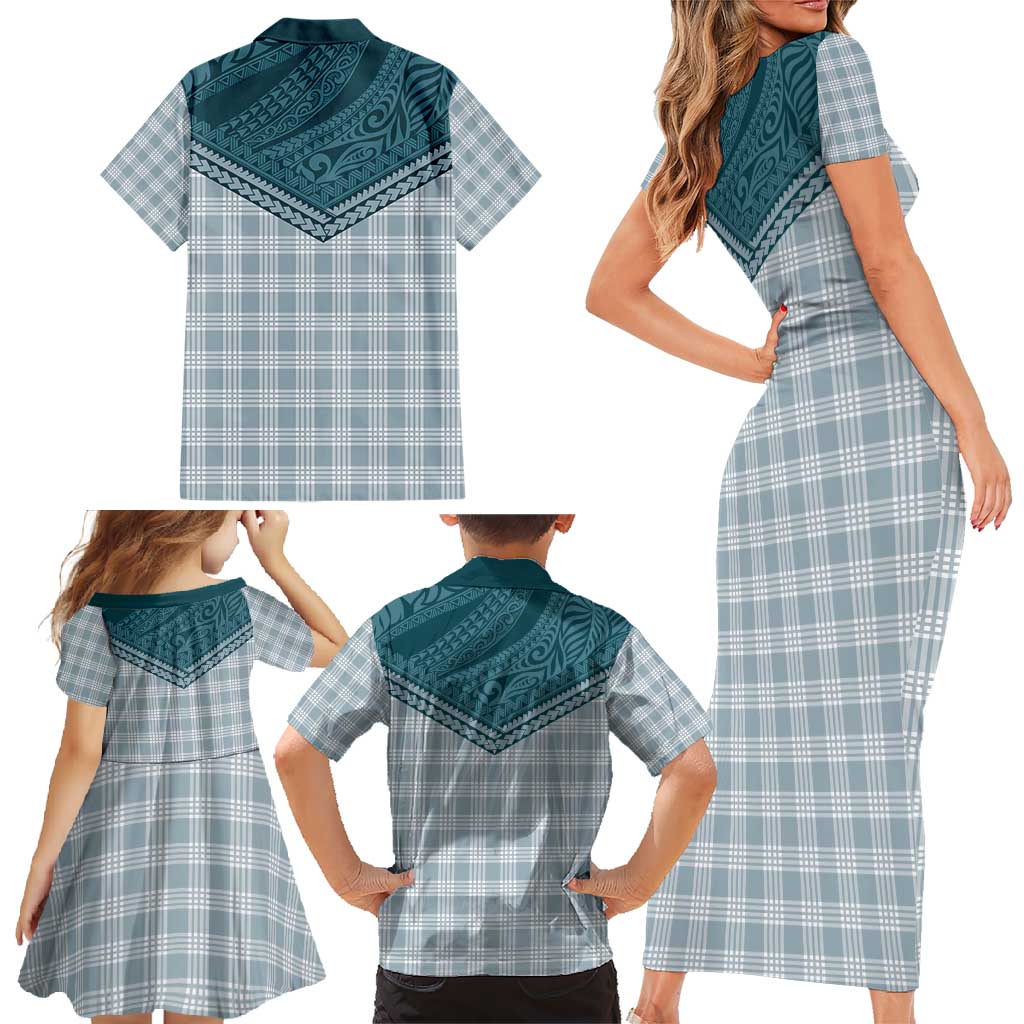 Aloha Hawaii Cowboys Paniolo Family Matching Short Sleeve Bodycon Dress and Hawaiian Shirt Teal Palaka LT7 - Polynesian Pride