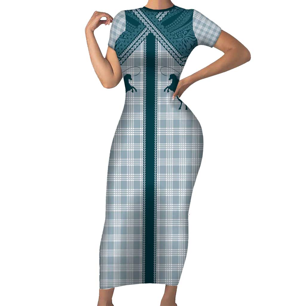 Aloha Hawaii Cowboys Paniolo Family Matching Short Sleeve Bodycon Dress and Hawaiian Shirt Teal Palaka LT7 Mom's Dress Teal - Polynesian Pride