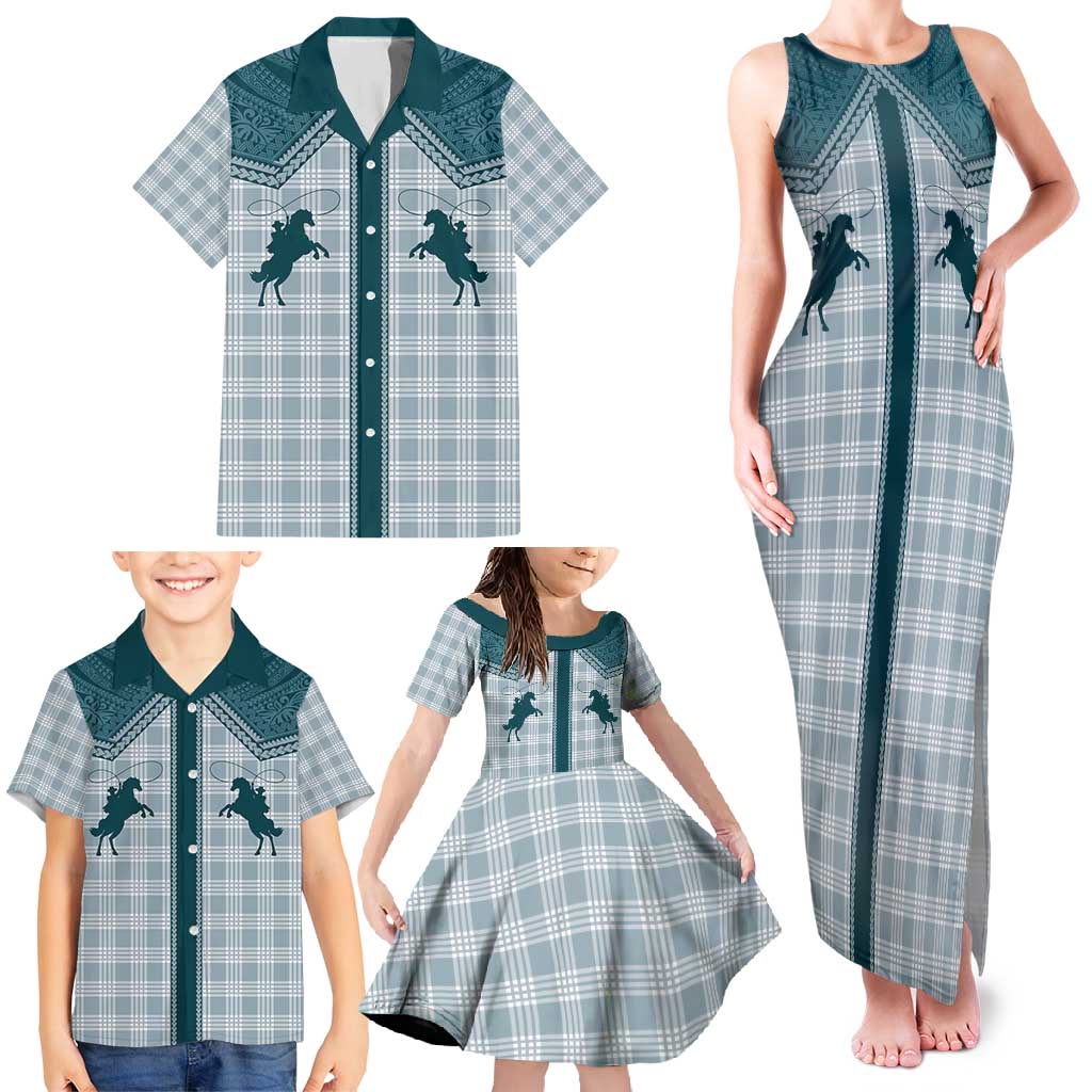 Aloha Hawaii Cowboys Paniolo Family Matching Tank Maxi Dress and Hawaiian Shirt Teal Palaka LT7 - Polynesian Pride