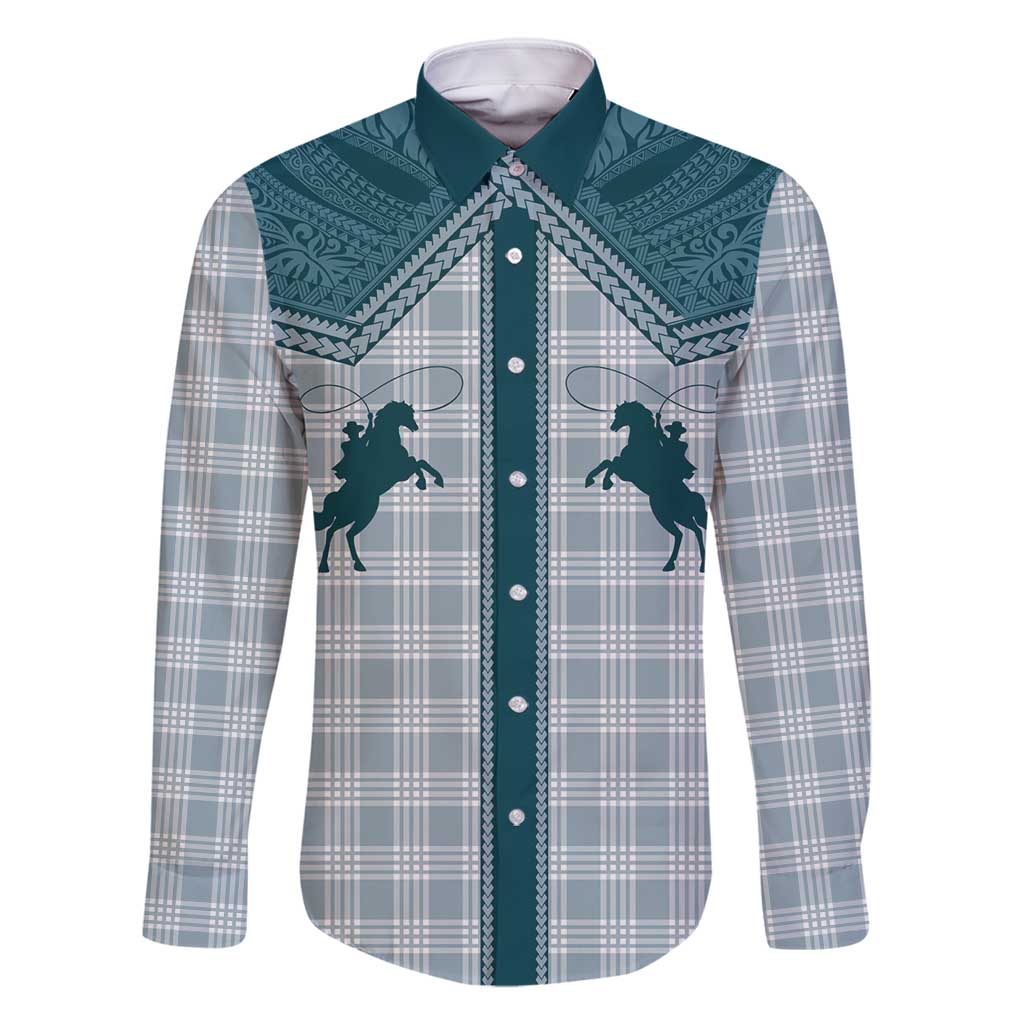 Aloha Hawaii Cowboys Paniolo Family Matching Tank Maxi Dress and Hawaiian Shirt Teal Palaka LT7 Dad's Shirt - Long Sleeve Teal - Polynesian Pride