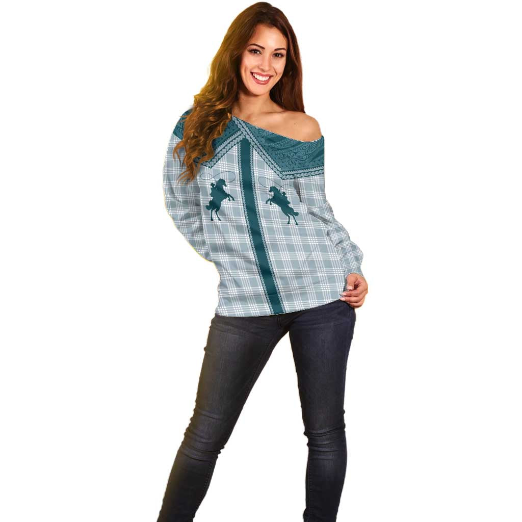 Aloha Hawaii Cowboys Paniolo Off Shoulder Sweater Teal Palaka - Polynesian Pride