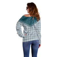 Aloha Hawaii Cowboys Paniolo Off Shoulder Sweater Teal Palaka - Polynesian Pride
