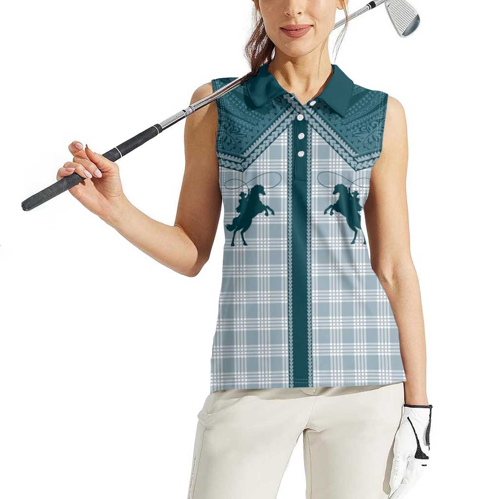 Aloha Hawaii Cowboys Paniolo Women Sleeveless Polo Shirt Teal Palaka - Polynesian Pride