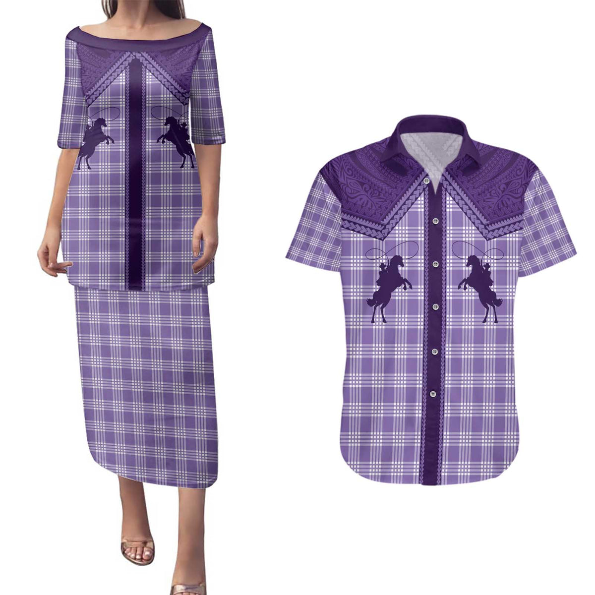 Aloha Hawaii Cowboys Paniolo Couples Matching Puletasi and Hawaiian Shirt Violet Palaka - Polynesian Pride