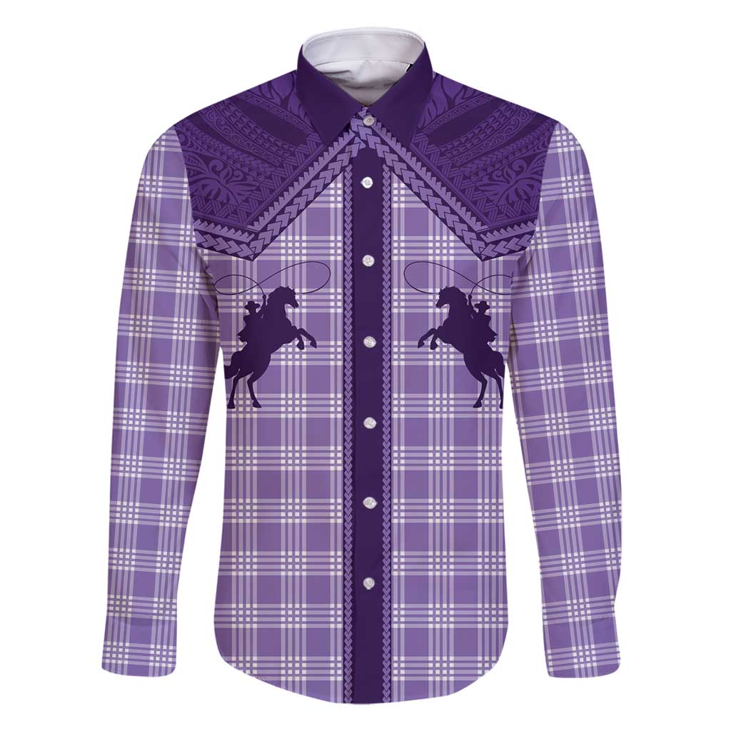 Aloha Hawaii Cowboys Paniolo Family Matching Long Sleeve Bodycon Dress and Hawaiian Shirt Violet Palaka LT7 Dad's Shirt - Long Sleeve Purple - Polynesian Pride
