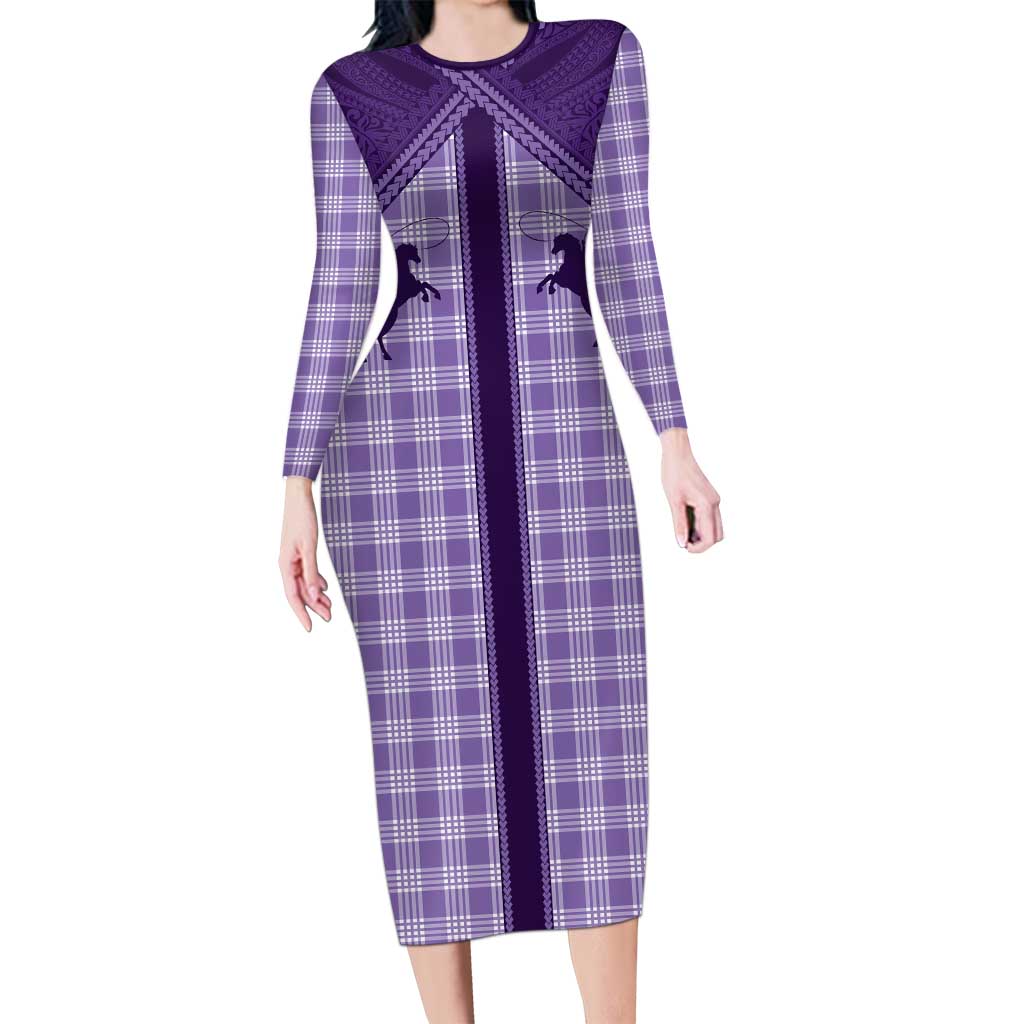 Aloha Hawaii Cowboys Paniolo Family Matching Long Sleeve Bodycon Dress and Hawaiian Shirt Violet Palaka LT7 Mom's Dress Purple - Polynesian Pride