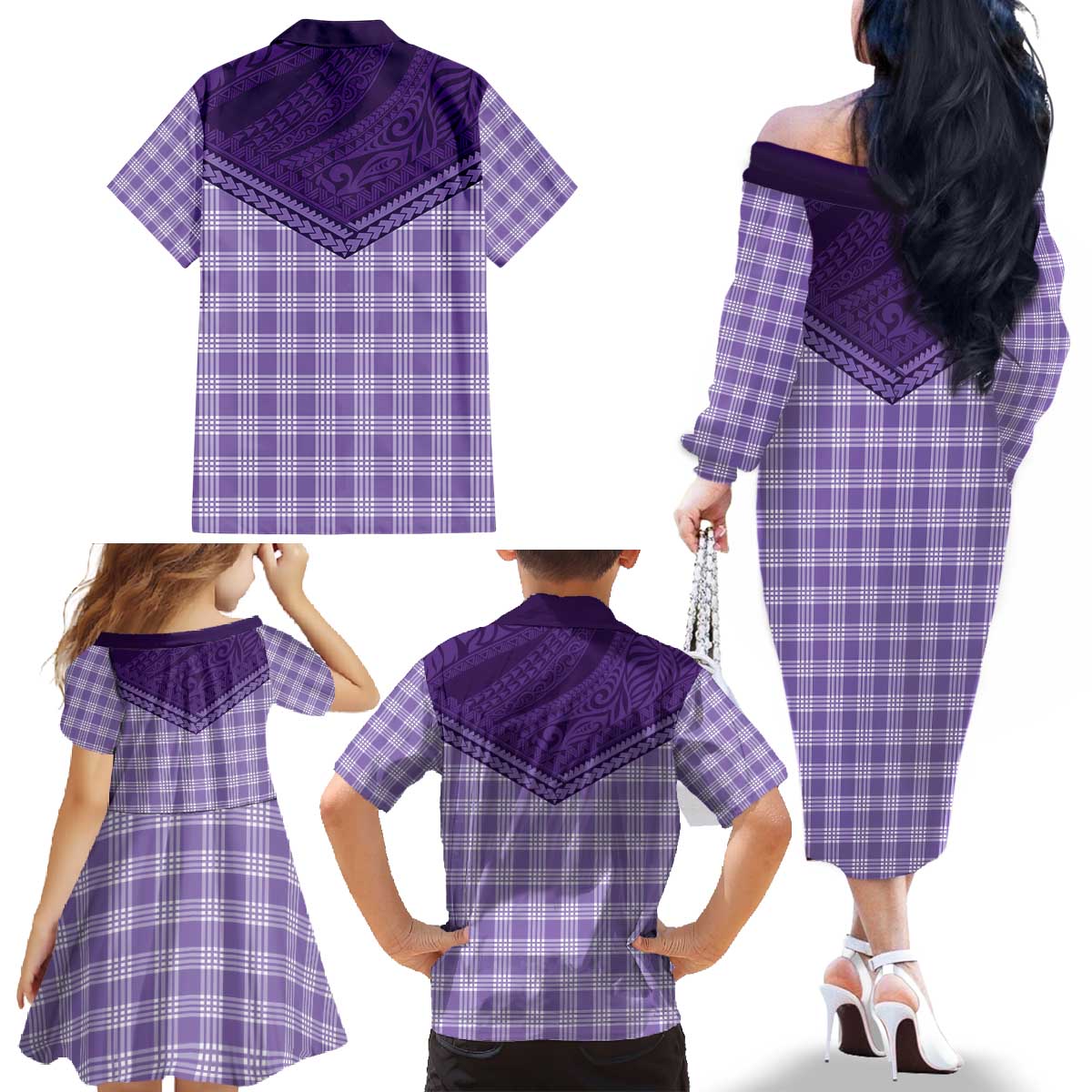 Aloha Hawaii Cowboys Paniolo Family Matching Off The Shoulder Long Sleeve Dress and Hawaiian Shirt Violet Palaka LT7 - Polynesian Pride
