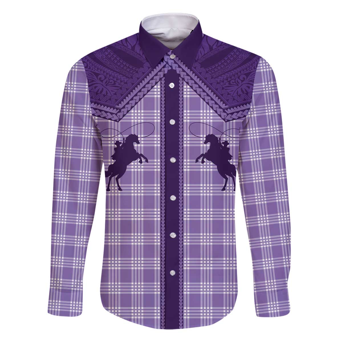 Aloha Hawaii Cowboys Paniolo Family Matching Off The Shoulder Long Sleeve Dress and Hawaiian Shirt Violet Palaka LT7 Dad's Shirt - Long Sleeve Purple - Polynesian Pride