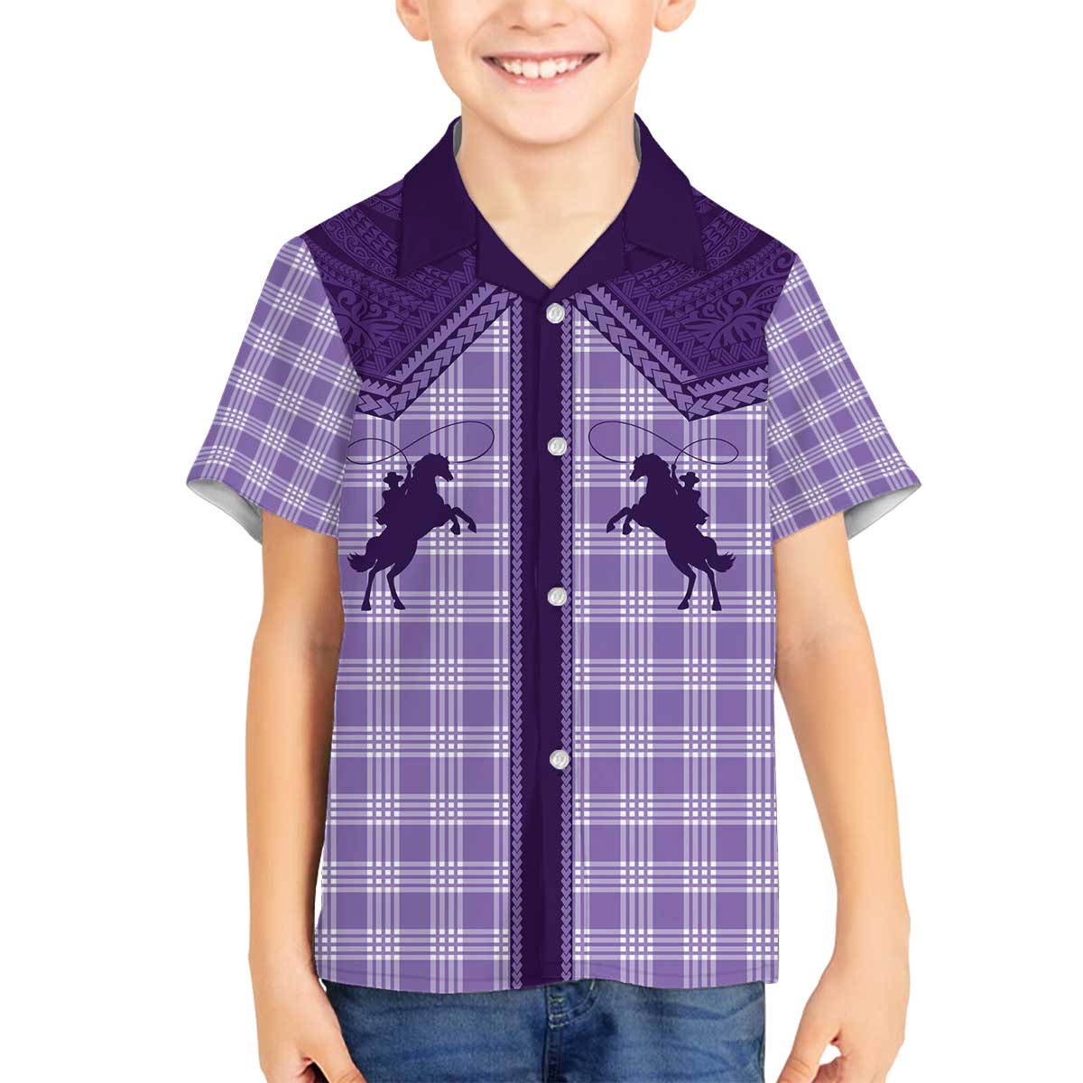 Aloha Hawaii Cowboys Paniolo Family Matching Off The Shoulder Long Sleeve Dress and Hawaiian Shirt Violet Palaka LT7 Son's Shirt Purple - Polynesian Pride