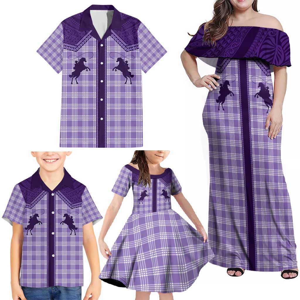 Aloha Hawaii Cowboys Paniolo Family Matching Off Shoulder Maxi Dress and Hawaiian Shirt Violet Palaka LT7 - Polynesian Pride