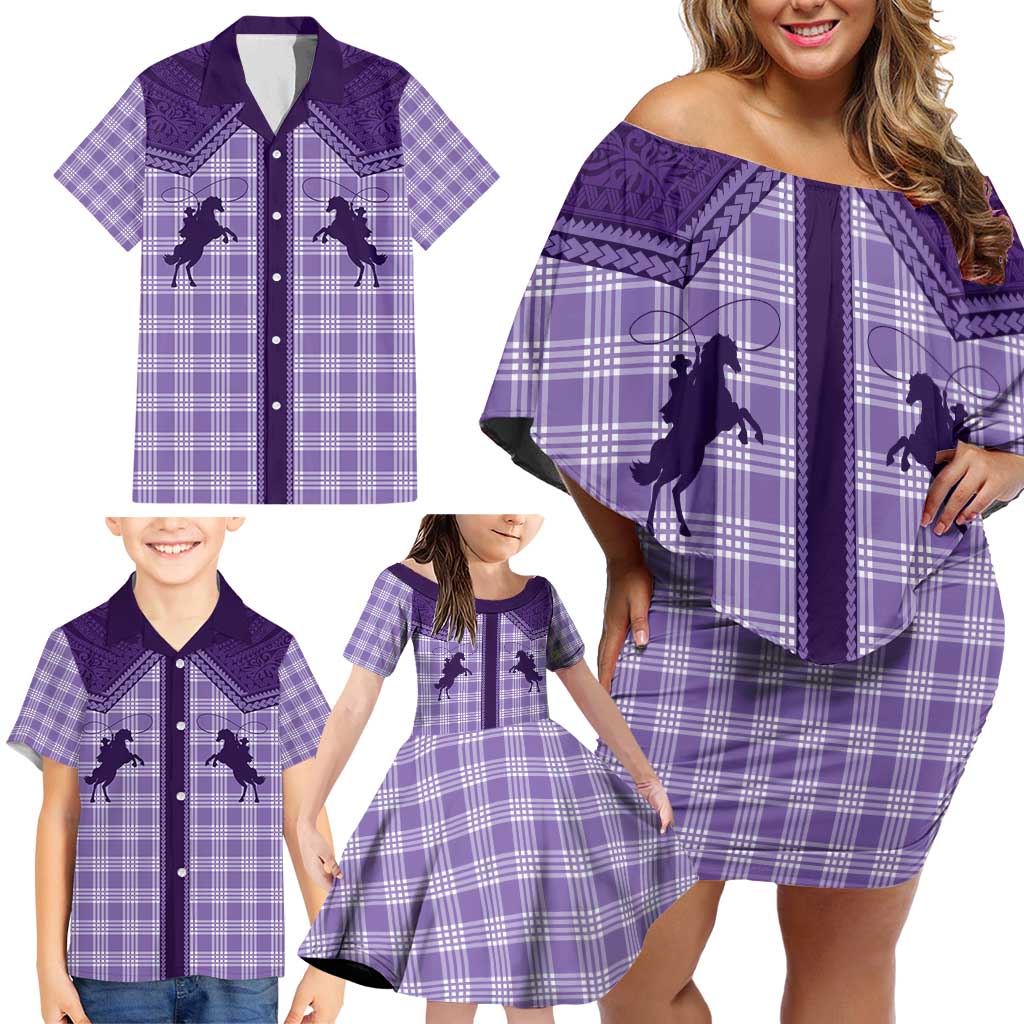 Aloha Hawaii Cowboys Paniolo Family Matching Off Shoulder Short Dress and Hawaiian Shirt Violet Palaka LT7 - Polynesian Pride