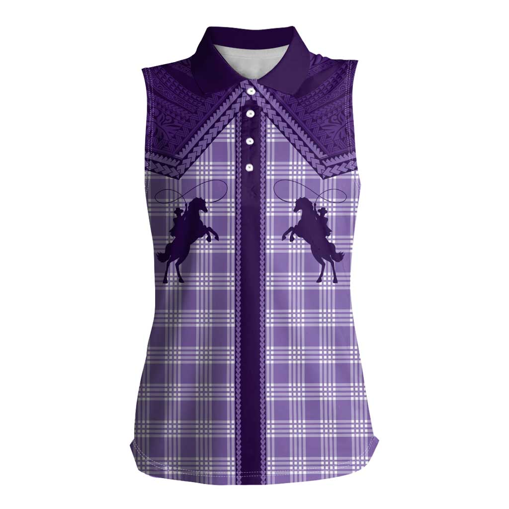 Aloha Hawaii Cowboys Paniolo Women Sleeveless Polo Shirt Violet Palaka - Polynesian Pride