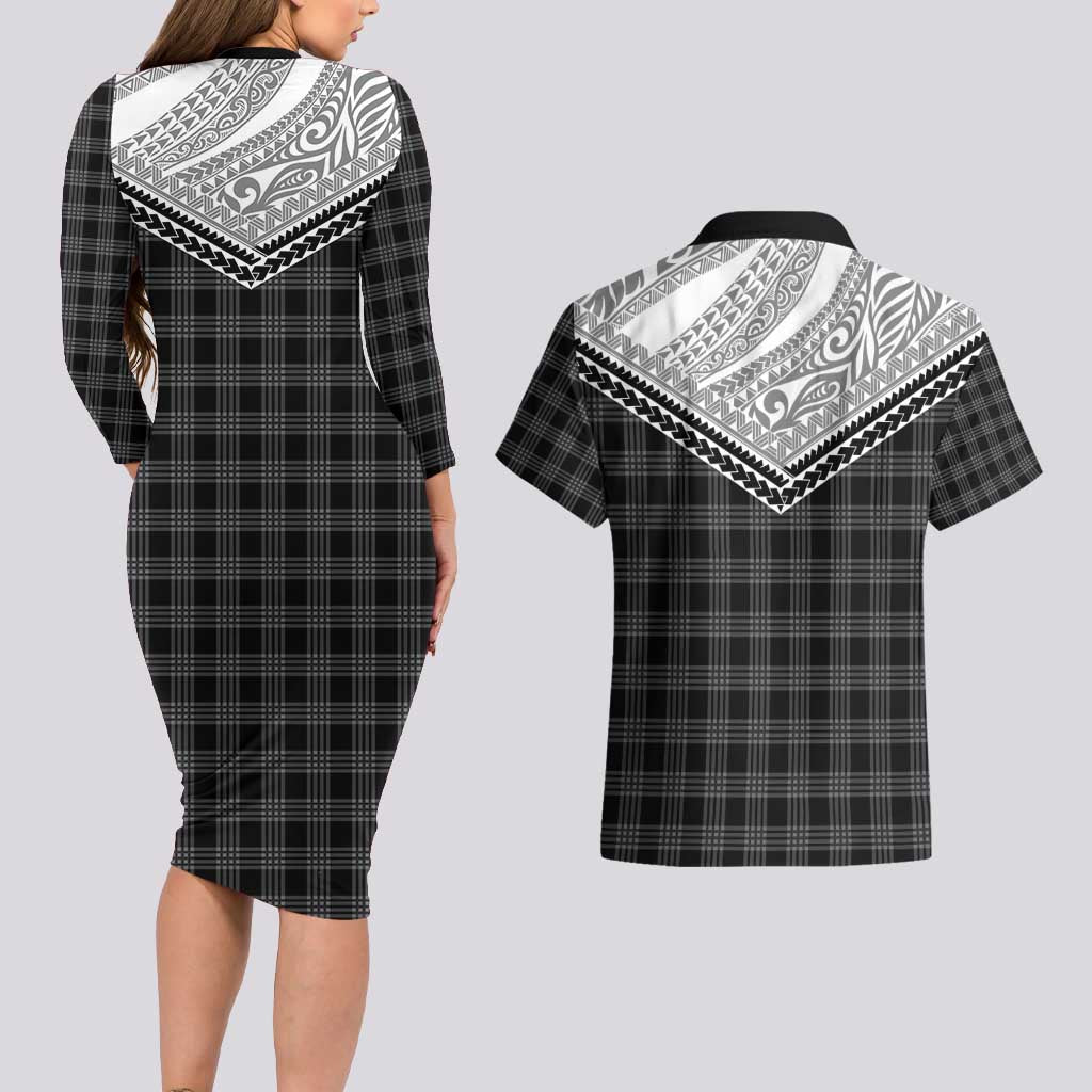 Aloha Hawaii Cowboys Paniolo Couples Matching Long Sleeve Bodycon Dress and Hawaiian Shirt Black Palaka LT7 - Polynesian Pride
