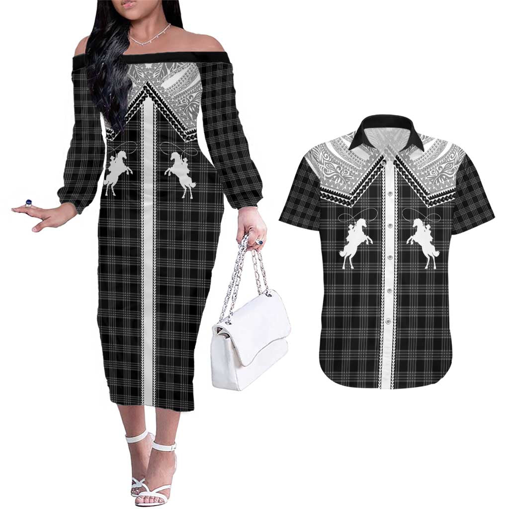 Aloha Hawaii Cowboys Paniolo Couples Matching Off The Shoulder Long Sleeve Dress and Hawaiian Shirt Black Palaka - Polynesian Pride