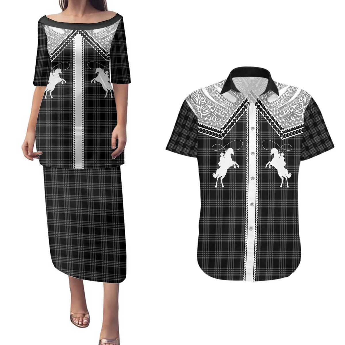 Aloha Hawaii Cowboys Paniolo Couples Matching Puletasi and Hawaiian Shirt Black Palaka - Polynesian Pride