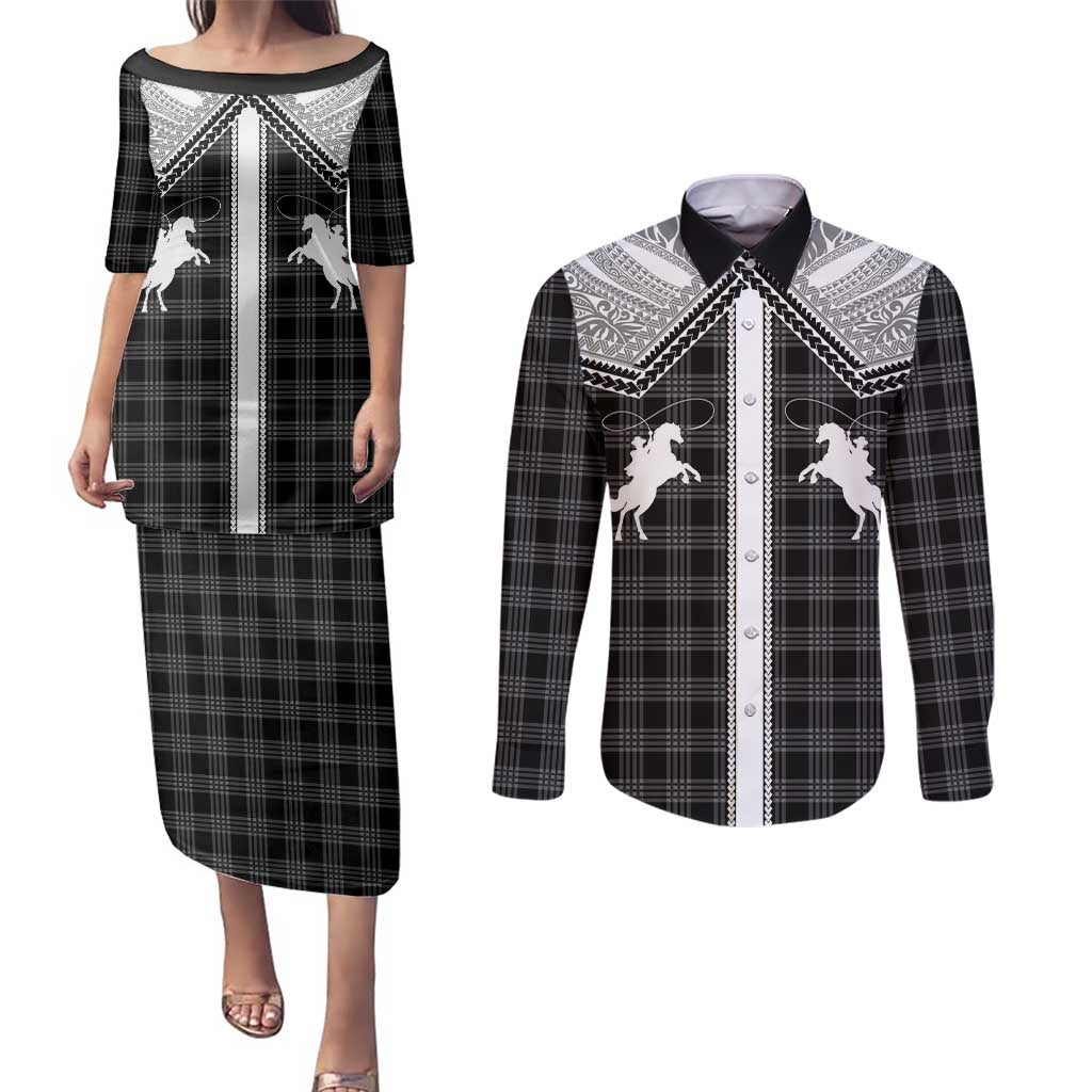 Aloha Hawaii Cowboys Paniolo Couples Matching Puletasi and Long Sleeve Button Shirt Black Palaka - Polynesian Pride