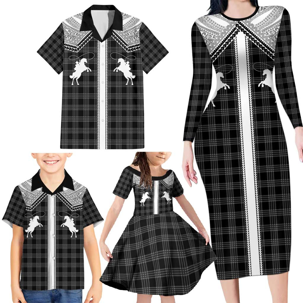 Aloha Hawaii Cowboys Paniolo Family Matching Long Sleeve Bodycon Dress and Hawaiian Shirt Black Palaka LT7 - Polynesian Pride