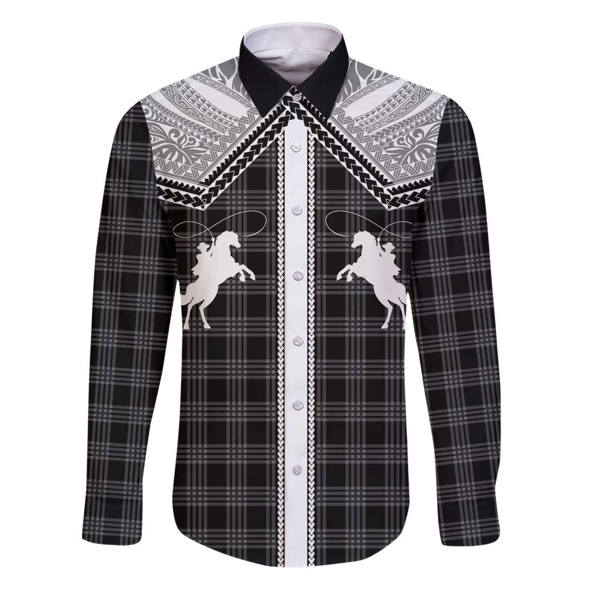 Aloha Hawaii Cowboys Paniolo Family Matching Off The Shoulder Long Sleeve Dress and Hawaiian Shirt Black Palaka LT7 Dad's Shirt - Long Sleeve Black - Polynesian Pride