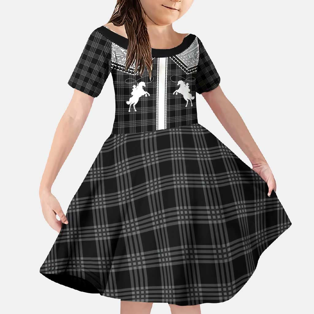 Aloha Hawaii Cowboys Paniolo Family Matching Off Shoulder Maxi Dress and Hawaiian Shirt Black Palaka LT7 Daughter's Dress Black - Polynesian Pride