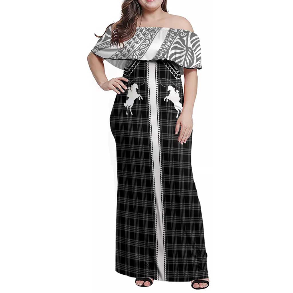 Aloha Hawaii Cowboys Paniolo Family Matching Off Shoulder Maxi Dress and Hawaiian Shirt Black Palaka LT7 Mom's Dress Black - Polynesian Pride