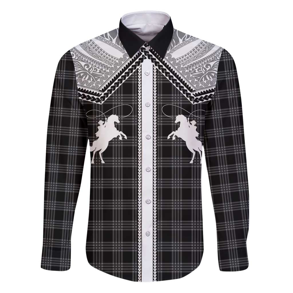 Aloha Hawaii Cowboys Paniolo Family Matching Puletasi and Hawaiian Shirt Black Palaka LT7 Dad's Shirt - Long Sleeve Black - Polynesian Pride