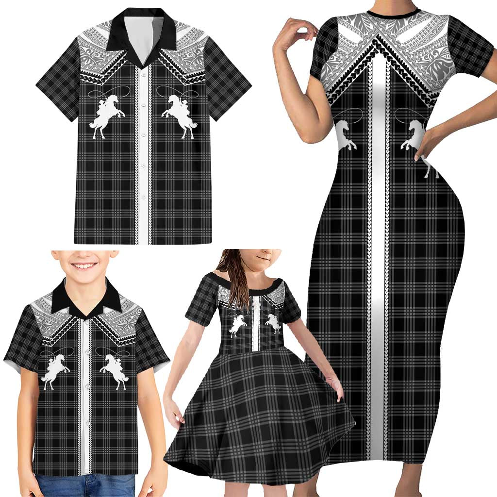 Aloha Hawaii Cowboys Paniolo Family Matching Short Sleeve Bodycon Dress and Hawaiian Shirt Black Palaka LT7 - Polynesian Pride