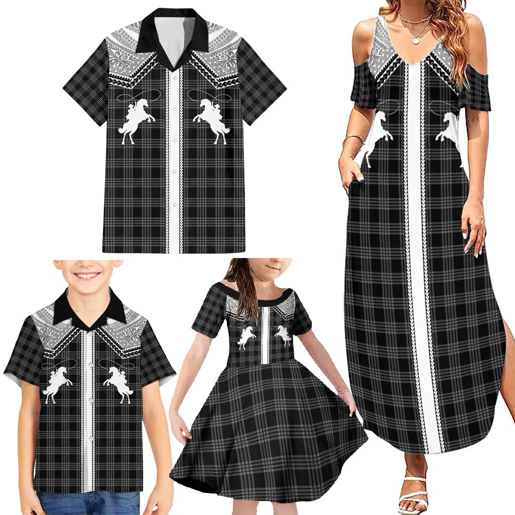 Aloha Hawaii Cowboys Paniolo Family Matching Summer Maxi Dress and Hawaiian Shirt Black Palaka LT7 - Polynesian Pride