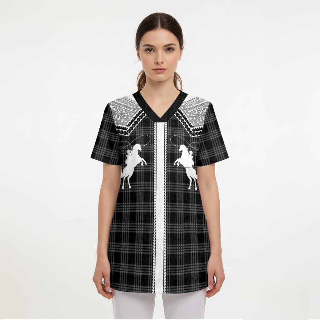 Aloha Hawaii Cowboys Paniolo Scrub Top Black Palaka - Polynesian Pride