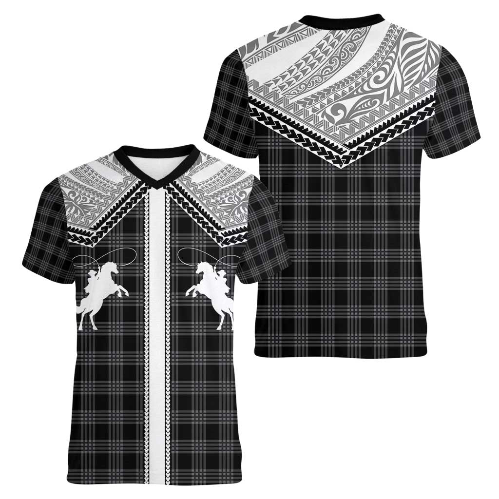 Aloha Hawaii Cowboys Paniolo Women V-Neck T-Shirt Black Palaka - Polynesian Pride