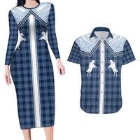 Aloha Hawaii Cowboys Paniolo Couples Matching Long Sleeve Bodycon Dress and Hawaiian Shirt Navy Blue Palaka LT7 Navy - Polynesian Pride