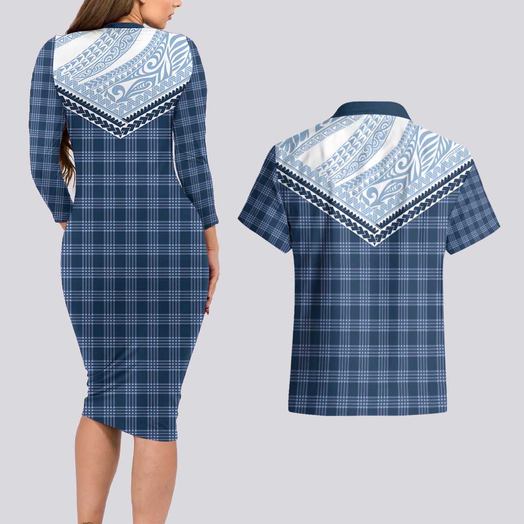 Aloha Hawaii Cowboys Paniolo Couples Matching Long Sleeve Bodycon Dress and Hawaiian Shirt Navy Blue Palaka LT7 - Polynesian Pride